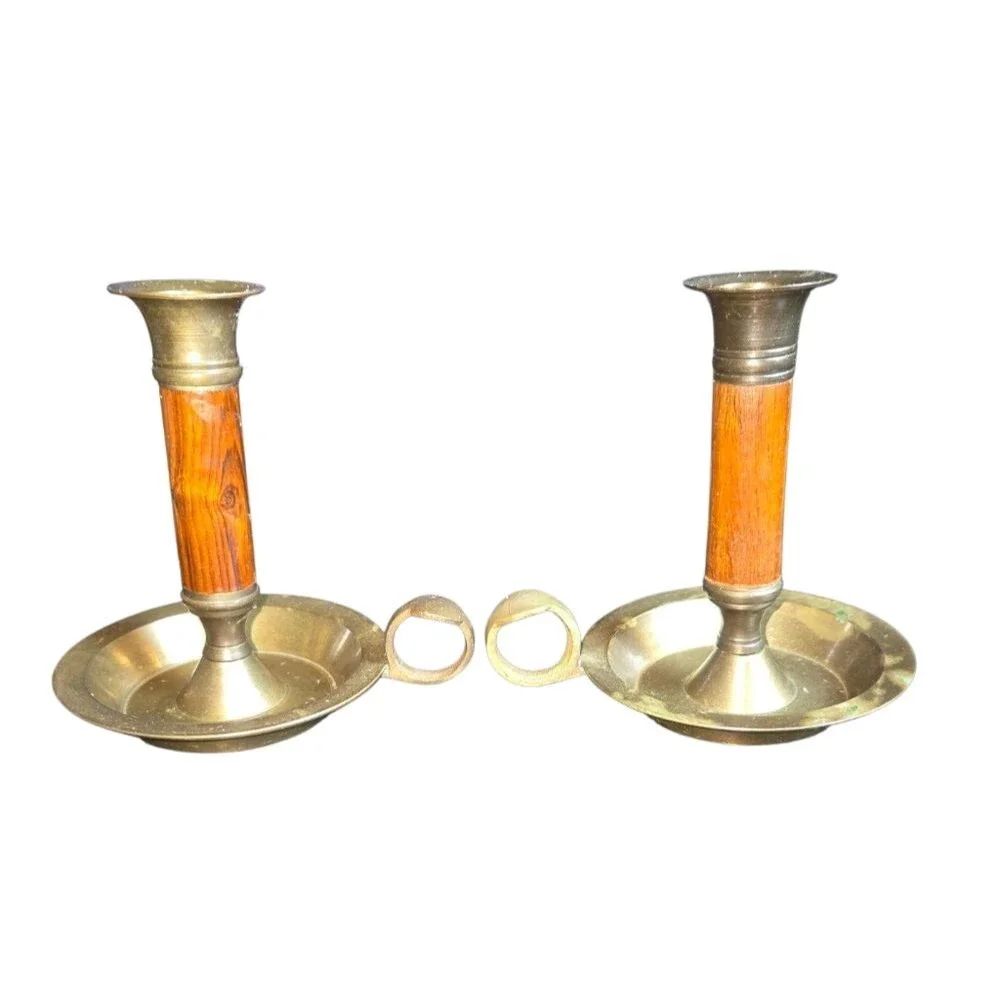 Vintage‎ Made In India Pair Of Wood & Brass Chambersticks 4.5